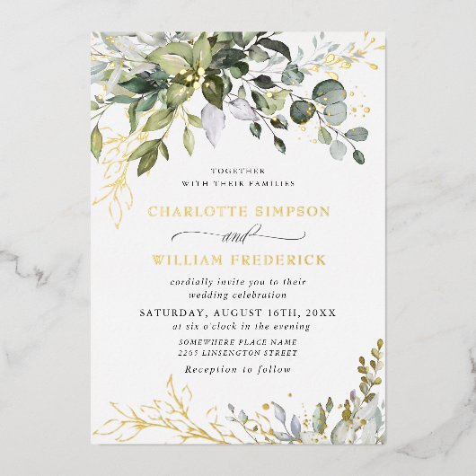 Elegant Eucalyptus Greenery Wedding Gold Folie Uitnodiging (Voorkant)