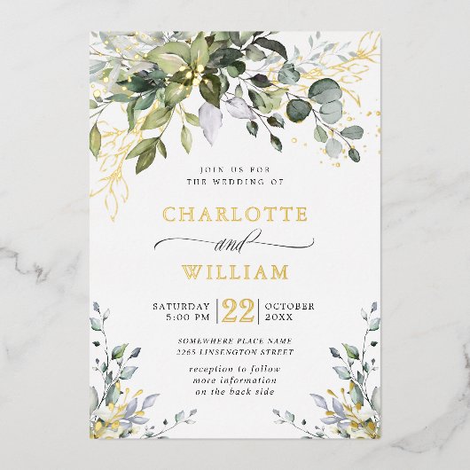 Elegant Eucalyptus Greenery Wedding Gold Folie Uitnodiging (Voorkant)