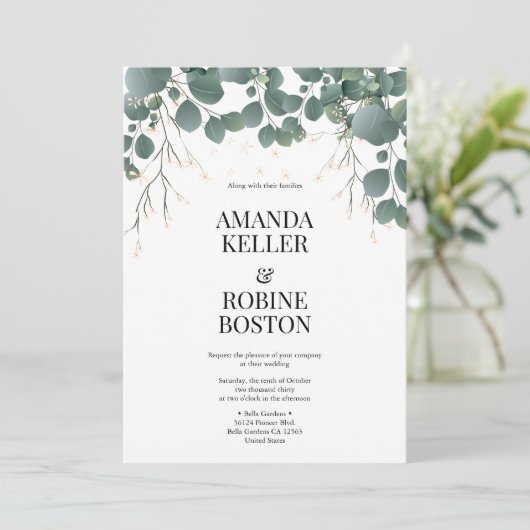 Elegant Eucalyptus Greenery Wedding Invitation Kaart (Staand voorkant)