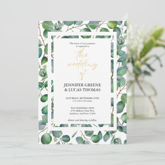Elegant Eucalyptus Greenery Wedding Invitation Kaart (Staand voorkant)