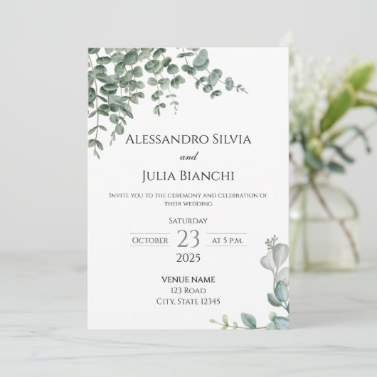 Elegant Eucalyptus Greenery Wedding Invitation Kaart (Staand voorkant)