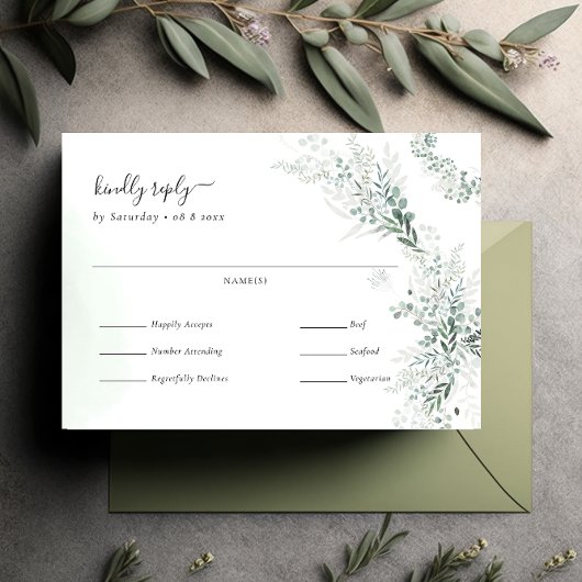 Elegant Eucalyptus Greenery Wedding Meal Choice RSVP Kaartje