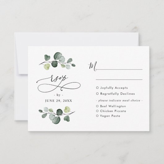 Elegant Eucalyptus Greenery Wedding Meal Options RSVP Kaartje (Voorkant)