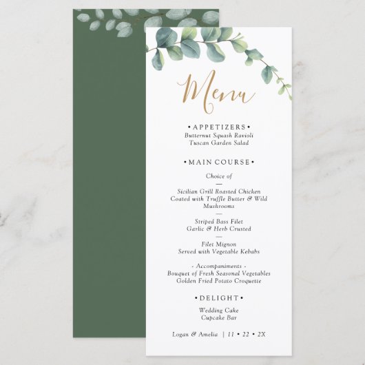 Elegant  Eucalyptus Greenery Wedding  Menu (Voorkant / Achterkant)