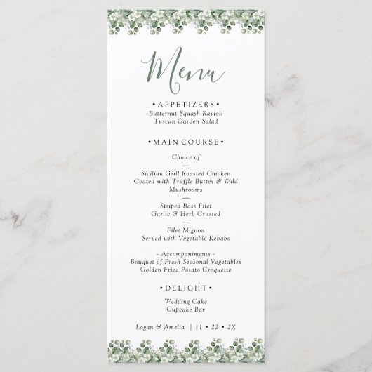 Elegant  Eucalyptus Greenery Wedding  Menu (Voorkant)