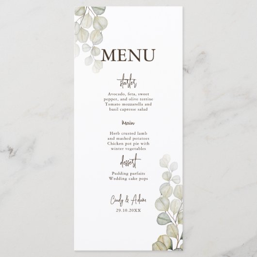 Elegant Eucalyptus Greenery Wedding Menu (Voorkant)