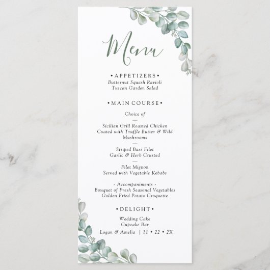 Elegant  Eucalyptus Greenery Wedding  Menu (Voorkant)