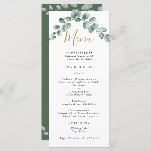 Elegant  Eucalyptus Greenery Wedding Menu (Voorkant / Achterkant)