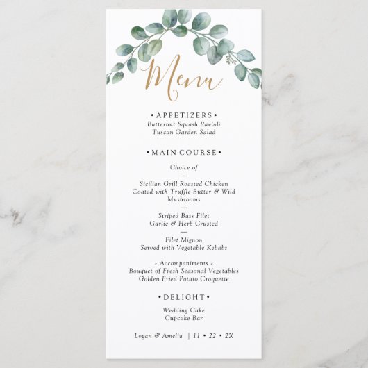 Elegant  Eucalyptus Greenery Wedding Menu (Voorkant)