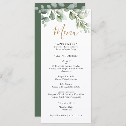 Elegant  Eucalyptus Greenery Wedding  Menu (Voorkant / Achterkant)