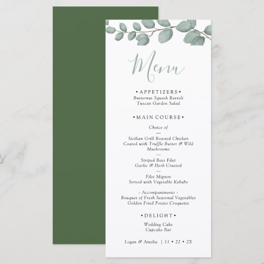 Elegant Eucalyptus Greenery Wedding Menu Card (Voorkant / Achterkant)