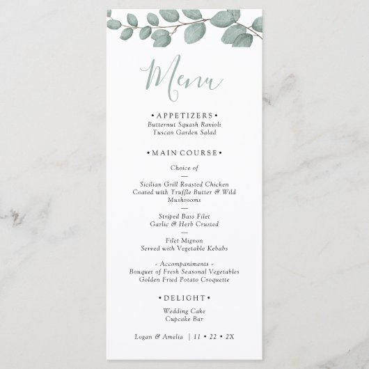 Elegant Eucalyptus Greenery Wedding Menu Card (Voorkant)