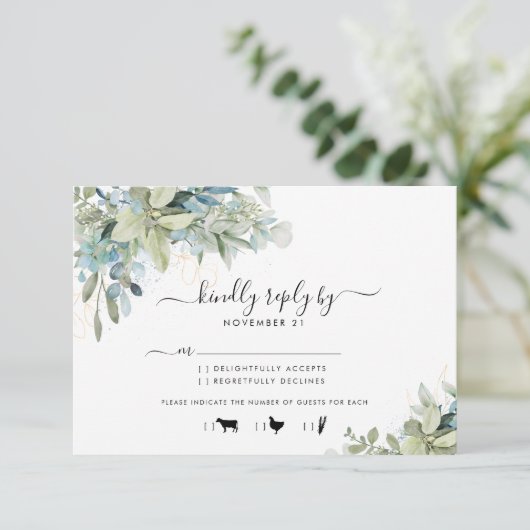 Elegant Eucalyptus Greenery Wedding Menu RSVP (Staand voorkant)