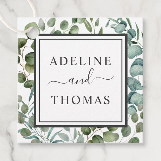 Elegant Eucalyptus Greenery Wedding Monogram Bedankjes Labels (Voorkant)