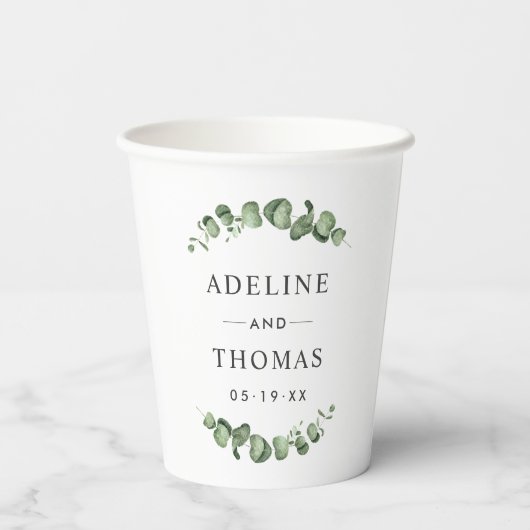 Elegant Eucalyptus Greenery Wedding Monogram Papieren Bekers (Achterkant)