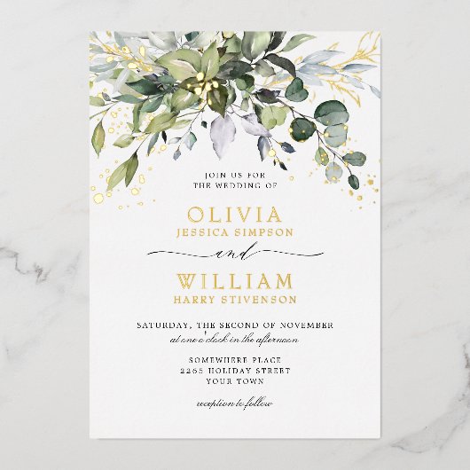 Elegant Eucalyptus Greenery Wedding Photo Gold Folie Uitnodiging (Voorkant)