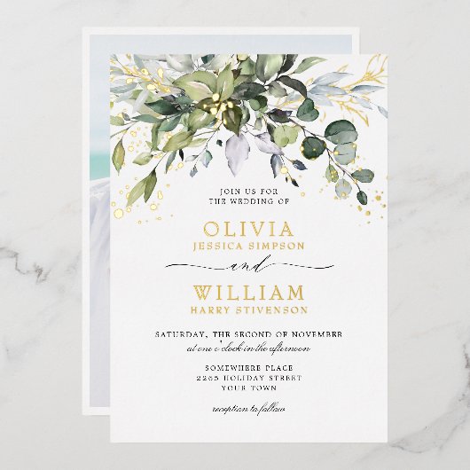 Elegant Eucalyptus Greenery Wedding Photo Gold Folie Uitnodiging (Voorkant / Achterkant)