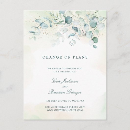Elegant Eucalyptus Greenery Wedding Postponement Aankondigingskaart (Voorkant)