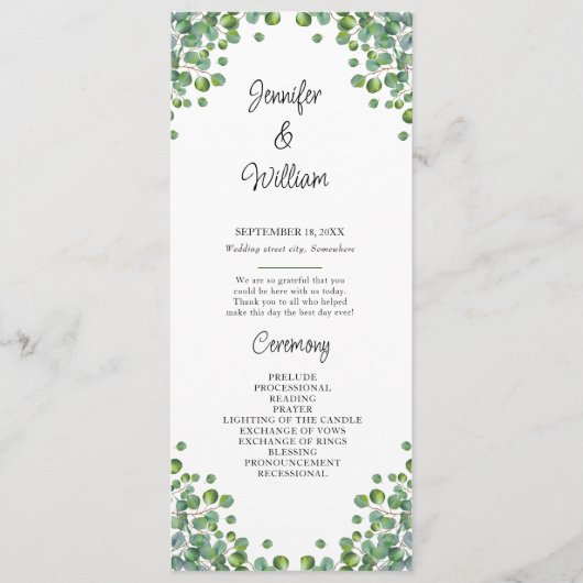 Elegant Eucalyptus Greenery Wedding Programme Programmakaart (Voorkant)