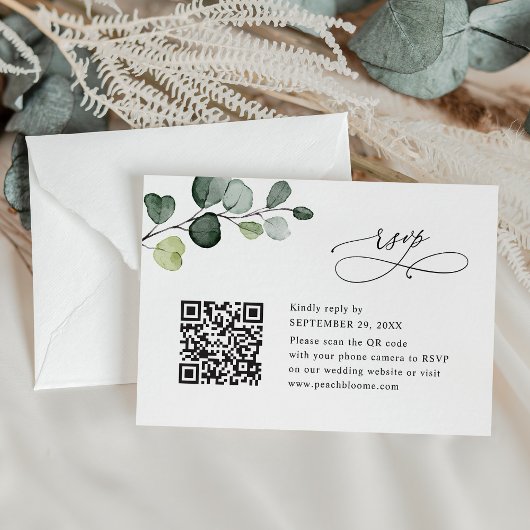 Elegant Eucalyptus Greenery Wedding QR Code RSVP Kaartje