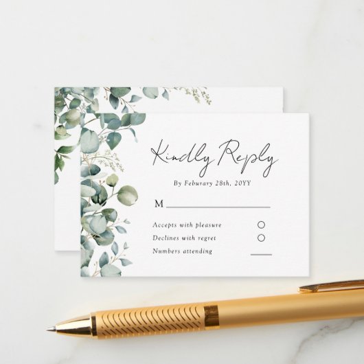 Elegant Eucalyptus Greenery Wedding RSVP Informatiekaartje (Voorkant / Achterkant in situ)