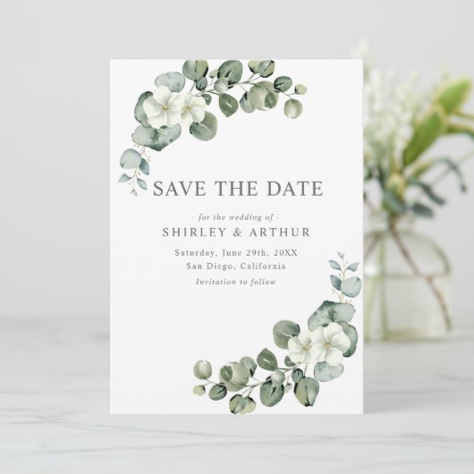 Elegant Eucalyptus Greenery Wedding Save The Date (Staand voorkant)