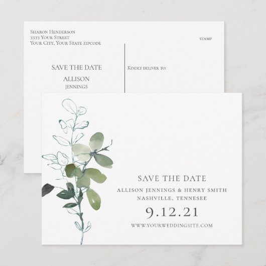 Elegant Eucalyptus Greenery Wedding Save the Date Aankondigingskaart (Voorkant / Achterkant)