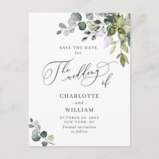 Elegant Eucalyptus Greenery Wedding Save the Date Briefkaart (Voorkant)