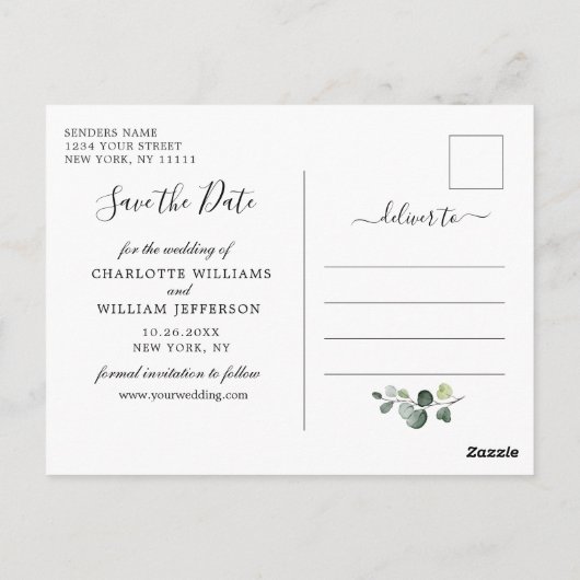 Elegant Eucalyptus Greenery Wedding Save the Date Briefkaart (Achterkant)