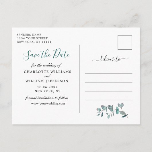 Elegant Eucalyptus Greenery Wedding Save the Date Briefkaart (Achterkant)