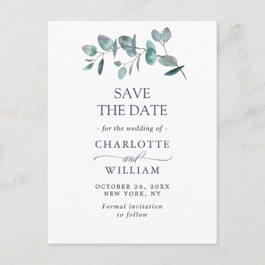 Elegant Eucalyptus Greenery Wedding Save the Date Briefkaart (Voorkant)