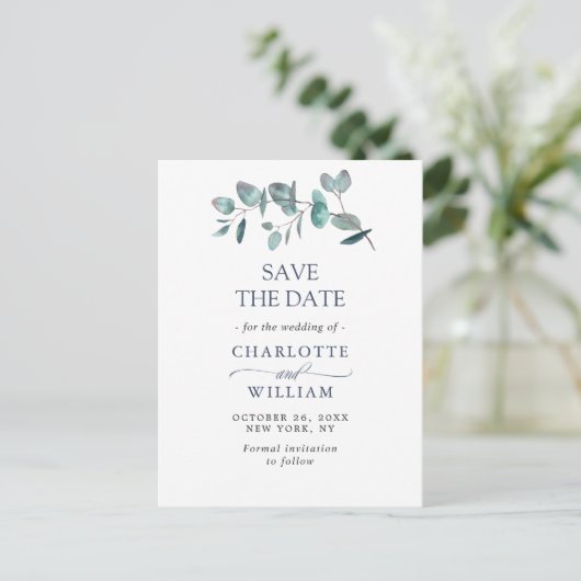 Elegant Eucalyptus Greenery Wedding Save the Date Briefkaart (Staand voorkant)
