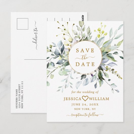 Elegant Eucalyptus Greenery Wedding Save the Date Briefkaart (Voorkant / Achterkant)