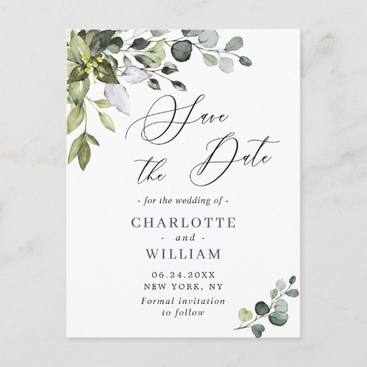 Elegant Eucalyptus Greenery Wedding Save the Date Briefkaart (Voorkant)