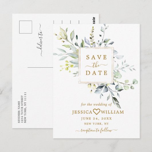 Elegant Eucalyptus Greenery Wedding Save the Date Briefkaart (Voorkant / Achterkant)