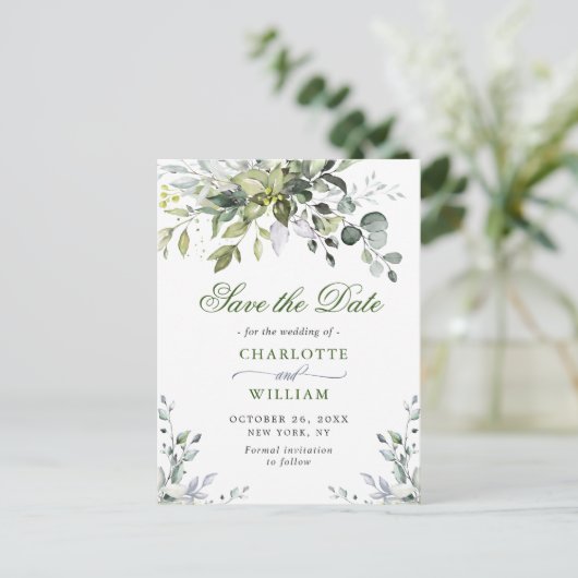 Elegant Eucalyptus Greenery Wedding Save the Date Briefkaart (Staand voorkant)