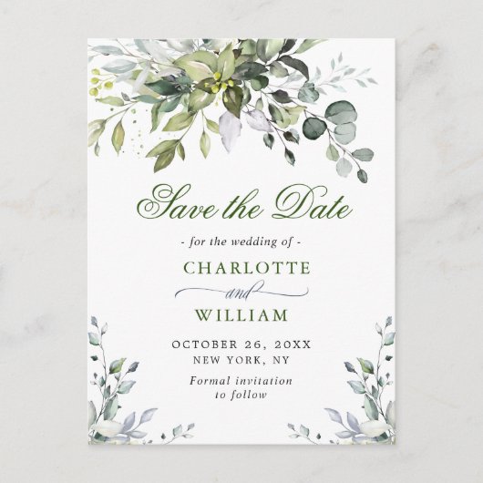 Elegant Eucalyptus Greenery Wedding Save the Date Briefkaart (Voorkant)