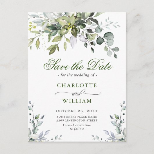 Elegant Eucalyptus Greenery Wedding Save the Date Briefkaart (Voorkant)