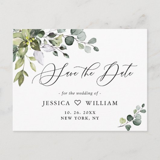 Elegant Eucalyptus Greenery Wedding Save the Date Briefkaart (Voorkant)