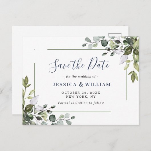 Elegant Eucalyptus Greenery Wedding Save the Date Briefkaart (Voorkant / Achterkant)