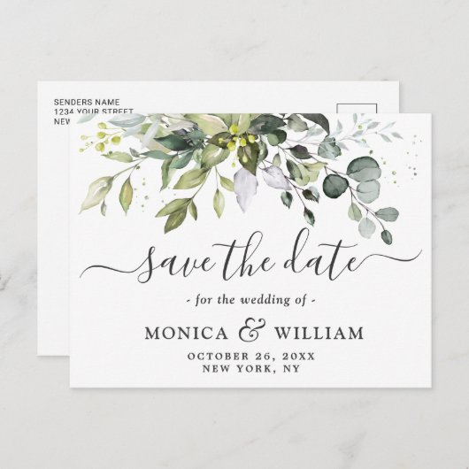 Elegant Eucalyptus Greenery Wedding Save the Date Briefkaart (Voorkant / Achterkant)