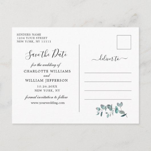 Elegant Eucalyptus Greenery Wedding Save the Date Briefkaart (Achterkant)
