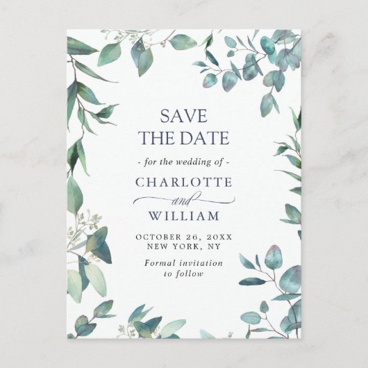 Elegant Eucalyptus Greenery Wedding Save the Date Briefkaart (Voorkant)