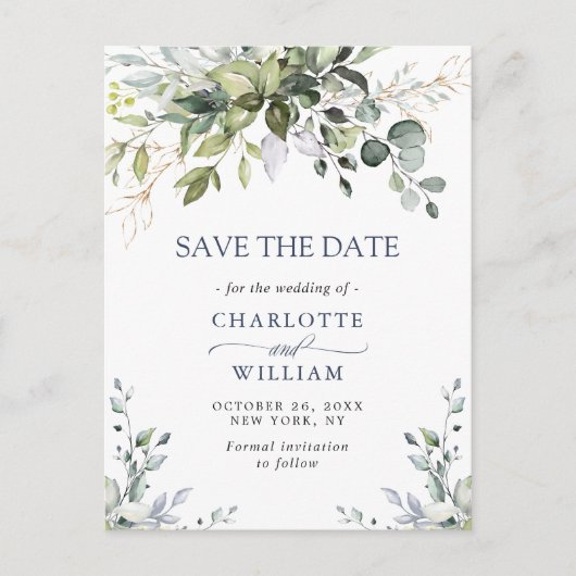 Elegant Eucalyptus Greenery Wedding Save the Date Briefkaart (Voorkant)