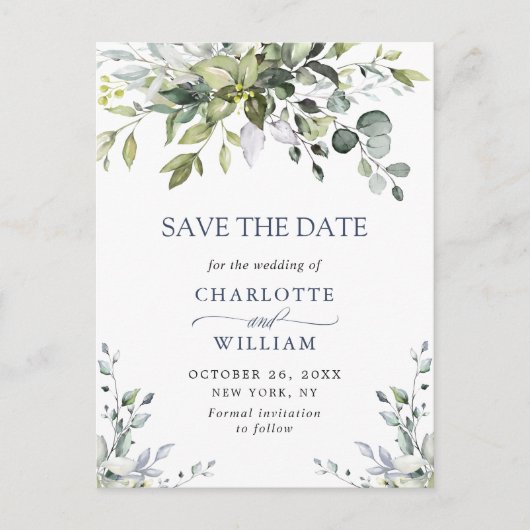 Elegant Eucalyptus Greenery Wedding Save the Date Briefkaart (Voorkant)