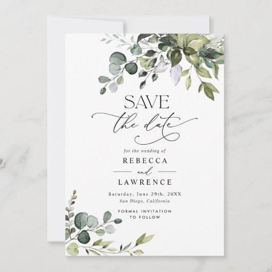 Elegant Eucalyptus Greenery Wedding Save the Date Kaart (Voorkant)