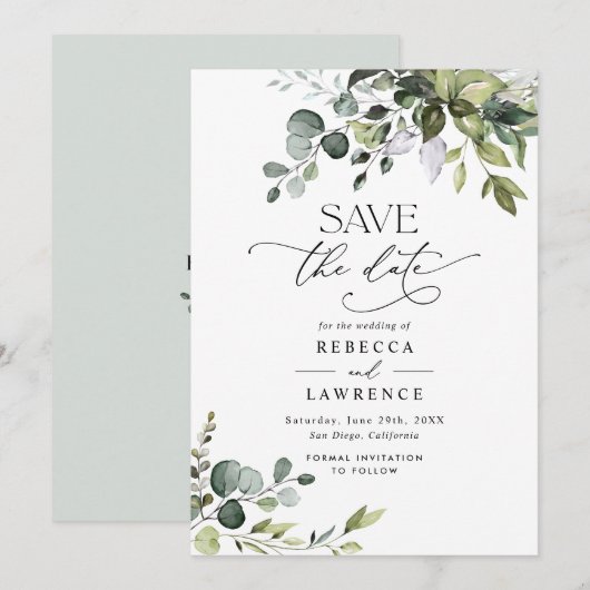 Elegant Eucalyptus Greenery Wedding Save the Date Kaart (Voorkant / Achterkant)