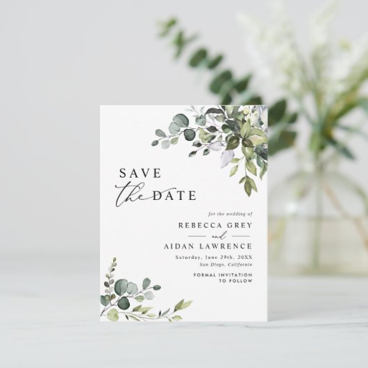 Elegant Eucalyptus Greenery Wedding Save the Date Kaart (Staand voorkant)