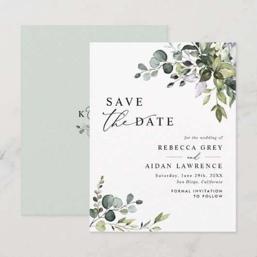 Elegant Eucalyptus Greenery Wedding Save the Date Kaart (Voorkant / Achterkant)