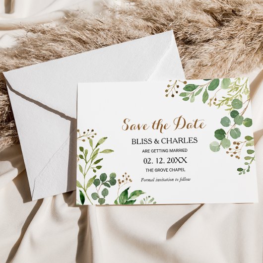 Elegant Eucalyptus Greenery Wedding Save the Date Kaart